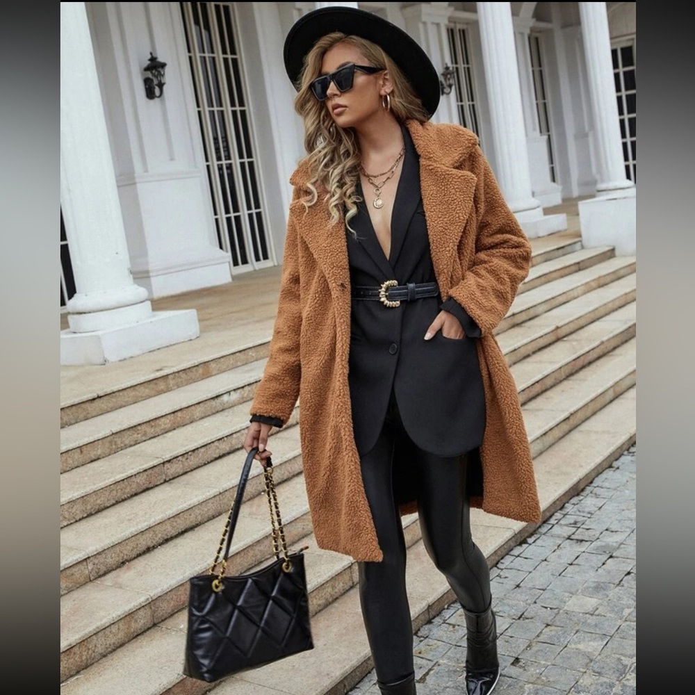 SHEIN Camel Lapel Neck Single Button Teddy Coat